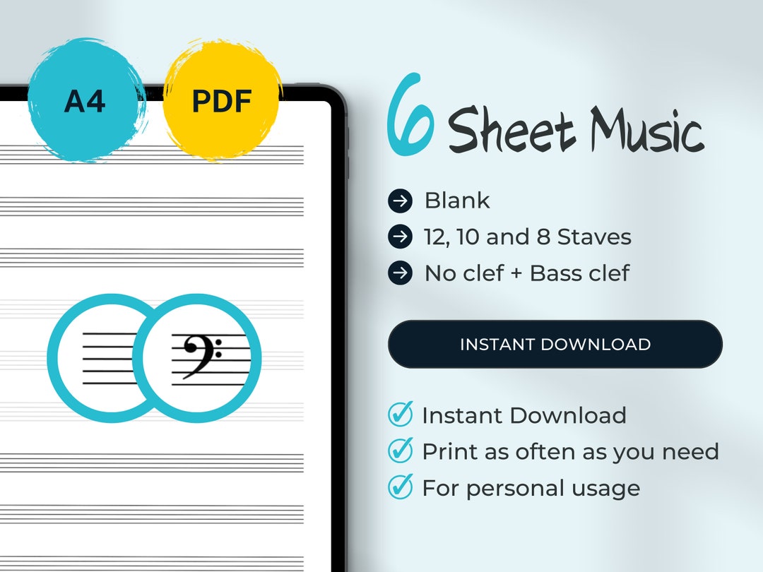 Printable Blank Sheet Music A4 PDF. Printable Staff Paper. 8, 10 &amp; 12 ...
