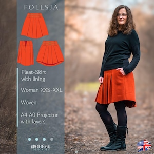 プリーツスカート | Follsja | 女性 XXS- XXL | デジタル縫製パターン | PDF | A4 + A4 + プロジェクター（レイヤー付き） | Bohème | 英語