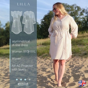 Lilla | Aラインドレス | 女性用 XXS - XXL | デジタル裁縫パターン | PDF | A4 + A4 + プロジェクター（レイヤー付き） | ボエーム | 夏 | 英語