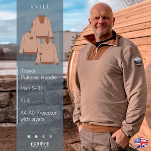 ジップアップセーター | Kvill | メンズ S- 3XL | デジタル裁縫パターン | PDF | A4 + A4 + プロジェクター（レイヤー付き） | ボエーム | プルオーバー | パーカー | 英語