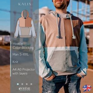 Hoodie | Kalix | Herr S - XXL | Digitalt sömnadsmönster | PDF | A4 + A0 + Projektor med lager | Bohème | Pullovertröja | Färgblockering