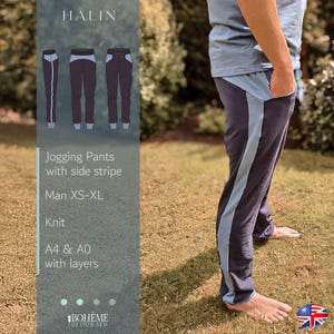 Può includere: Un cartamodello digitale per pantaloni da jogging con una striscia laterale. Il cartamodello è disponibile nelle taglie XS-XL e include istruzioni per il tessuto a maglia. Il cartamodello è disponibile nelle taglie A4 e A0 con livelli.