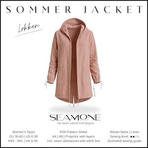 Könnte beinhalten: Hellrosa Leinenjacke mit Kapuze, Taschen und Kordelzugdetails. Die Jacke ist vorne offen und hat lange Ärmel. Der Text "SOMMER JACKET" und "Lokken" stehen oben. Der Markenname "SEAMONE" steht unten.