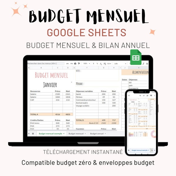 BUDGET Mensuel et Annuel | Google Sheets | Feuilles de calculs avec suivi des ressources et dépenses | Budget Base Zéro & Enveloppes Budget