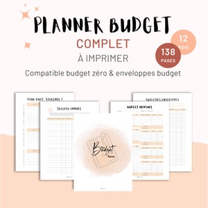 Könnte beinhalten: Ein Satz druckbarer Budgetplaner-Seiten mit dem Text "PLANNER BUDGET COMPLET À IMPRIMER". Die Seiten enthalten Abschnitte zur Verfolgung von Ausgaben, Ersparnissen und monatlichen Budgets. Der Planer hat 138 Seiten und umfasst 12 Monate.
