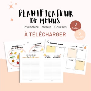 PLANIFICATEUR DE MENUS en Français à imprimer | Inventaire : épicerie, produits frais et surgelés | Menus | Courses | pdf à imprimer
