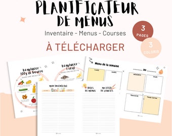 PLANIFICATEUR DE MENUS en Français à imprimer | Inventaire : épicerie, produits frais et surgelés | Menus | Courses | pdf à imprimer