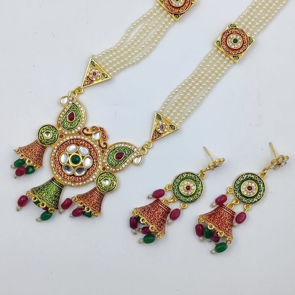 Meenakari Tarinika Binal Antique Gold-Plated Indian Jewelry Set with Long Necklace and Earrings