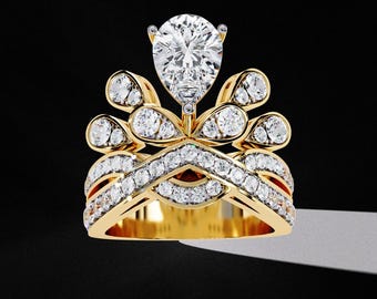 Pear Moissanite Crown Ring Set: 2.30 Ct Leaf Design Wedding Ring