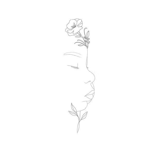 Side Profile Drawing With Birth Flower | Custom Portrait Outline