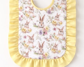 Bavaglino coniglietto floreale con volant giallo – Bavaglino pasquale primaverile fatto a mano