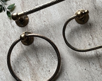 Bathroom Accessories Set, Antique Brass Towel Bar, Brass Towel Ring, Toilet Paper Holder. 3 Hammered  pieces set at Discount Price.