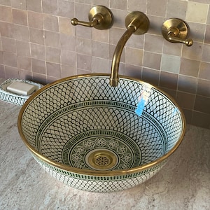 Antikes Waschbecken, Schiffsspüle mit Messingrand, Badezimmer-Becken, Waschbecken, marokkanisches handgefertigtes Keramikbecken, gratis Geschenk inklusive
