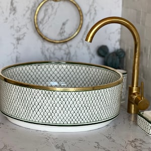 Antique Sink with Brass Rim Edge, Vessel Sink, Sink Bowl, Ceramic Basin, Hand Wash Basin, Free Gift INCLUDED