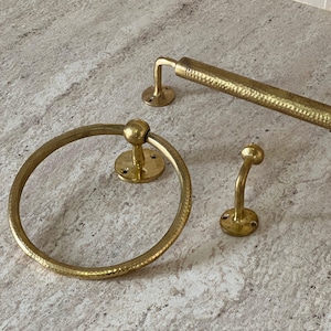 Handemade brass bathroom accessories hammered, brass towel hook, towel ring, towel bar, towel rod, towel rack, wall hooks, bathroom set, 3 piece set.