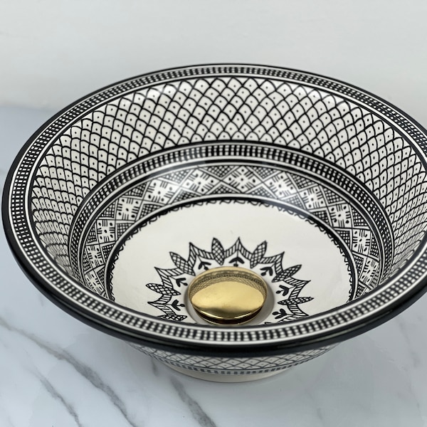 Handmade Sink Bowl, Vessel Sink, Hand Painted Sink, 14 Inch Moroccan Ceramic Sink, Fish Scale Design. Push-up Drain Button INCLUDED.