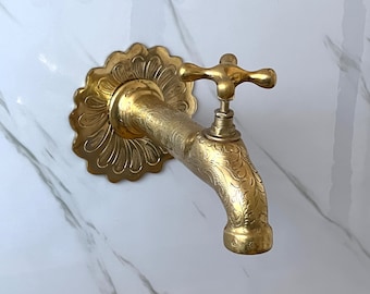 Unlacquered Brass Engraved Moroccan Faucet, Handmade Moroccan Faucet, Brass Wall Mount Water Tap.