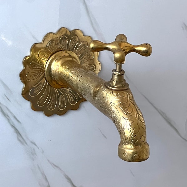 Unlacquered Brass Engraved Moroccan Faucet, Handmade Moroccan Faucet, Brass Wall Mount Water Tap.