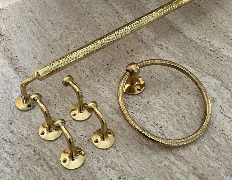 Handemade brass bathroom accessories hammered, brass towel hook, towel ring, towel bar, towel rod, towel rack, wall hooks, bathroom set, 3 piece set.