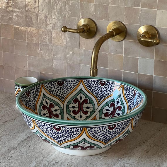 Antique Wash Basin, Vessel Sink, Bathroom Basin, Sink Bowl, Moroccan Handmade Ceramic Basin, Free Gift INCLUDED