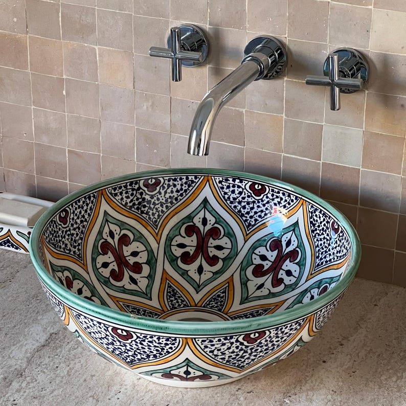 Moroccan Handmade Ceramic Basin, Bathroom Vessel Sink, Ceramic Basin, Antique Sink, Sink Bowl, Hand Painted Ceramic Vessel Sink, Hand Wash Basin, Free Gift INCLUDED