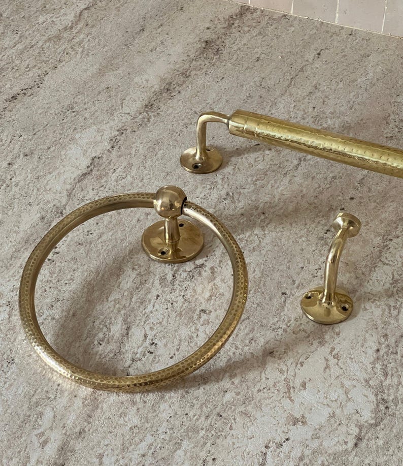 Handemade brass bathroom accessories hammered, brass towel hook, towel ring, towel bar, towel rod, towel rack, wall hooks, bathroom set, 3 piece set.