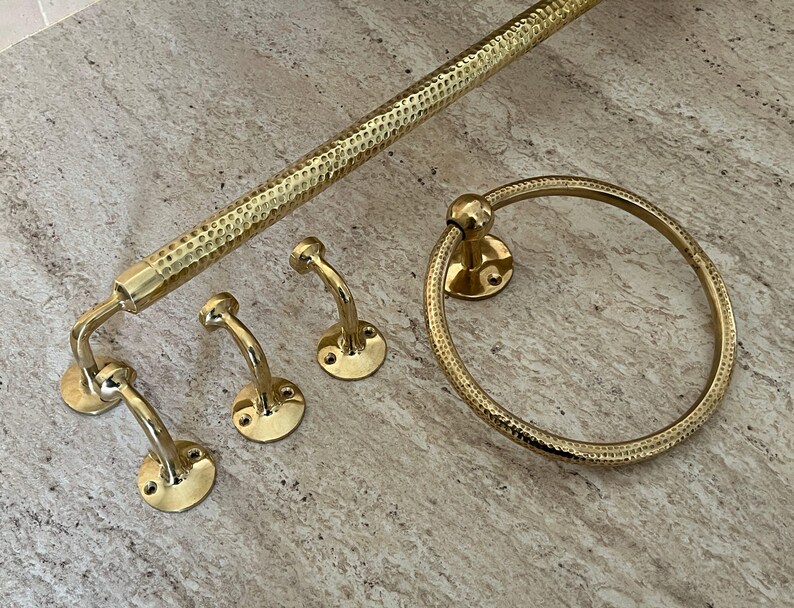 Handemade brass bathroom accessories hammered, brass towel hook, towel ring, towel bar, towel rod, towel rack, wall hooks, bathroom set, 3 piece set.