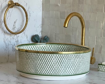 Lavandino antico con bordo in ottone, lavabo a vasca, vasca per lavabo, lavabo in ceramica, lavabo a mano, regalo gratuito INCLUSO