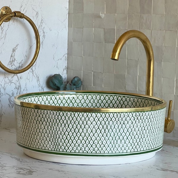 Antique Sink with Brass Rim Edge, Vessel Sink, Sink Bowl, Ceramic Basin, Hand Wash Basin, Free Gift INCLUDED