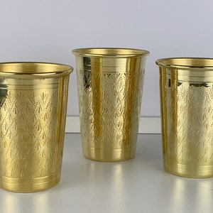 Set of 6 unlacquered Brass Engraved Drinking Cups