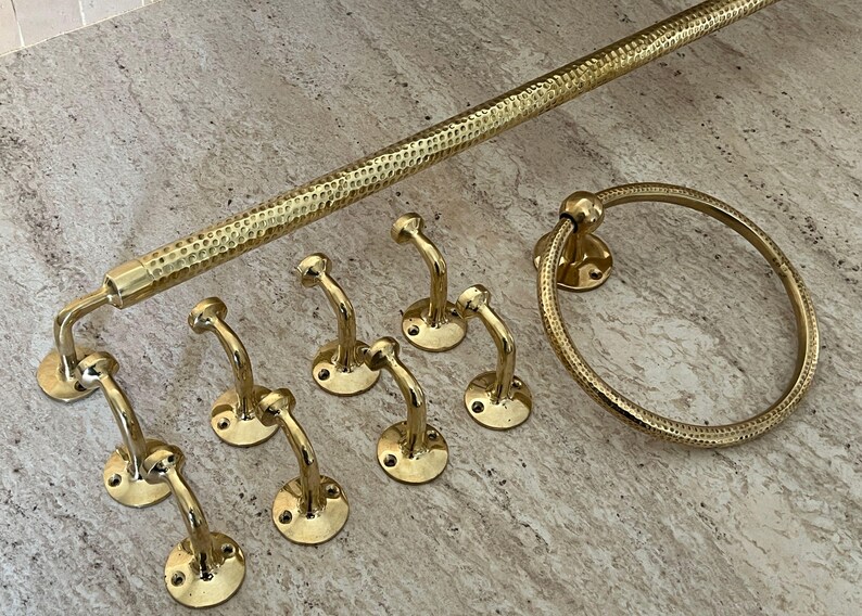 Handemade brass bathroom accessories hammered, brass towel hook, towel ring, towel bar, towel rod, towel rack, wall hooks, bathroom set, 3 piece set.