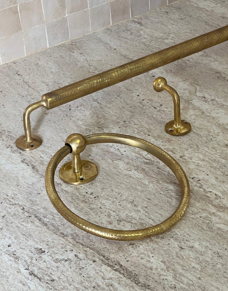 Unique Handmade Bathroom Hardware Sets: Brass Towel Bar, Towel Ring, and Wall Hooks image 2