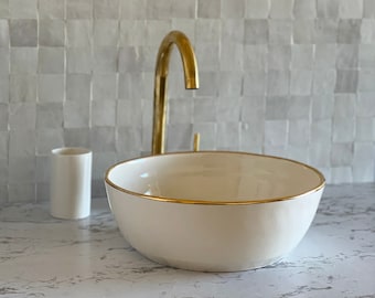 Antique Sink 14K Gold Rim, Set of Vessel Sink, Toothbrush Cup and Soap Dish, 14 Inch Sink Bowl, Ceramic Basin, Free Gift INCLUDED