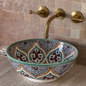 Moroccan Handmade Ceramic Basin, Bathroom Vessel Sink, Ceramic Basin, Antique Sink, Sink Bowl, Hand Painted Ceramic Vessel Sink, Hand Wash Basin, Free Gift INCLUDED