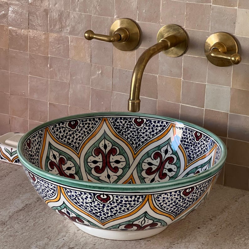 Moroccan Handmade Ceramic Basin, Bathroom Vessel Sink, Ceramic Basin, Antique Sink, Sink Bowl, Hand Painted Ceramic Vessel Sink, Hand Wash Basin, Free Gift INCLUDED