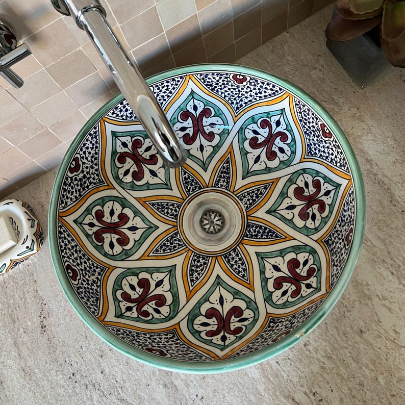 Moroccan Handmade Ceramic Basin, Bathroom Vessel Sink, Ceramic Basin, Antique Sink, Sink Bowl, Hand Painted Ceramic Vessel Sink, Hand Wash Basin, Free Gift INCLUDED