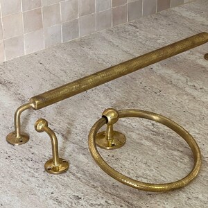 Handemade brass bathroom accessories hammered, brass towel hook, towel ring, towel bar, towel rod, towel rack, wall hooks, bathroom set, 3 piece set.