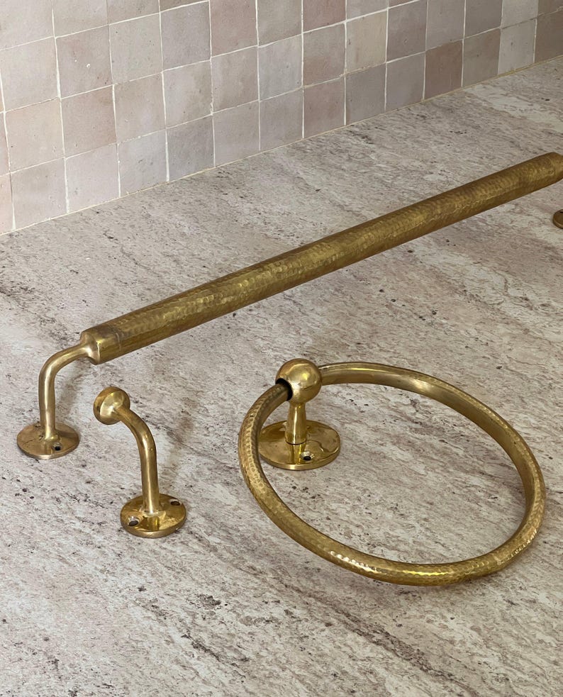 Handemade brass bathroom accessories hammered, brass towel hook, towel ring, towel bar, towel rod, towel rack, wall hooks, bathroom set, 3 piece set.