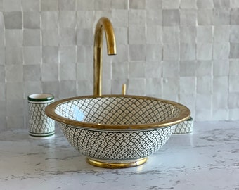 Bathroom Vessel Sink Brass Edge, Ceramic Basin, Antique Sink, Sink Bowl, Hand Wash Basin, Free Gift INCLUDED