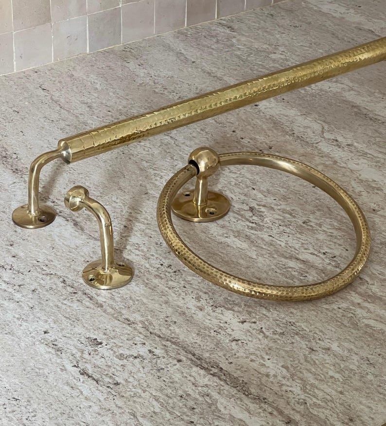 Handemade brass bathroom accessories hammered, brass towel hook, towel ring, towel bar, towel rod, towel rack, wall hooks, bathroom set, 3 piece set.