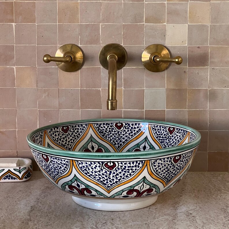 Moroccan Handmade Ceramic Basin, Bathroom Vessel Sink, Ceramic Basin, Antique Sink, Sink Bowl, Hand Painted Ceramic Vessel Sink, Hand Wash Basin, Free Gift INCLUDED