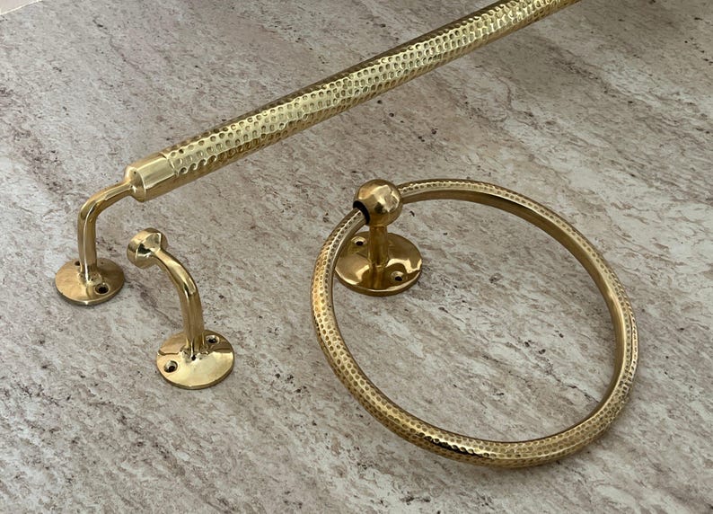 Handemade brass bathroom accessories hammered, brass towel hook, towel ring, towel bar, towel rod, towel rack, wall hooks, bathroom set, 3 piece set.