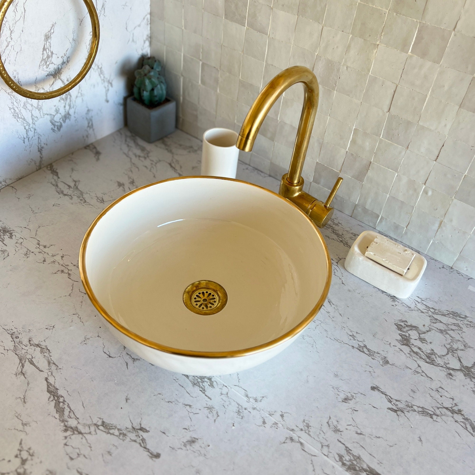 Antique Sink 14K Gold Rim, Set of Vessel Sink, Toothbrush Cup and Soap ...