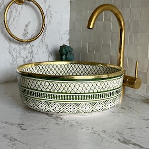 Antique Sink with Brass Rim Edge, Vessel Sink, Sink Bowl, Ceramic Basin, Hand Wash Basin, Free Gift INCLUDED