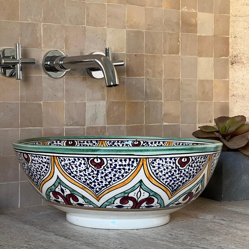 Moroccan Handmade Ceramic Basin, Bathroom Vessel Sink, Ceramic Basin, Antique Sink, Sink Bowl, Hand Painted Ceramic Vessel Sink, Hand Wash Basin, Free Gift INCLUDED