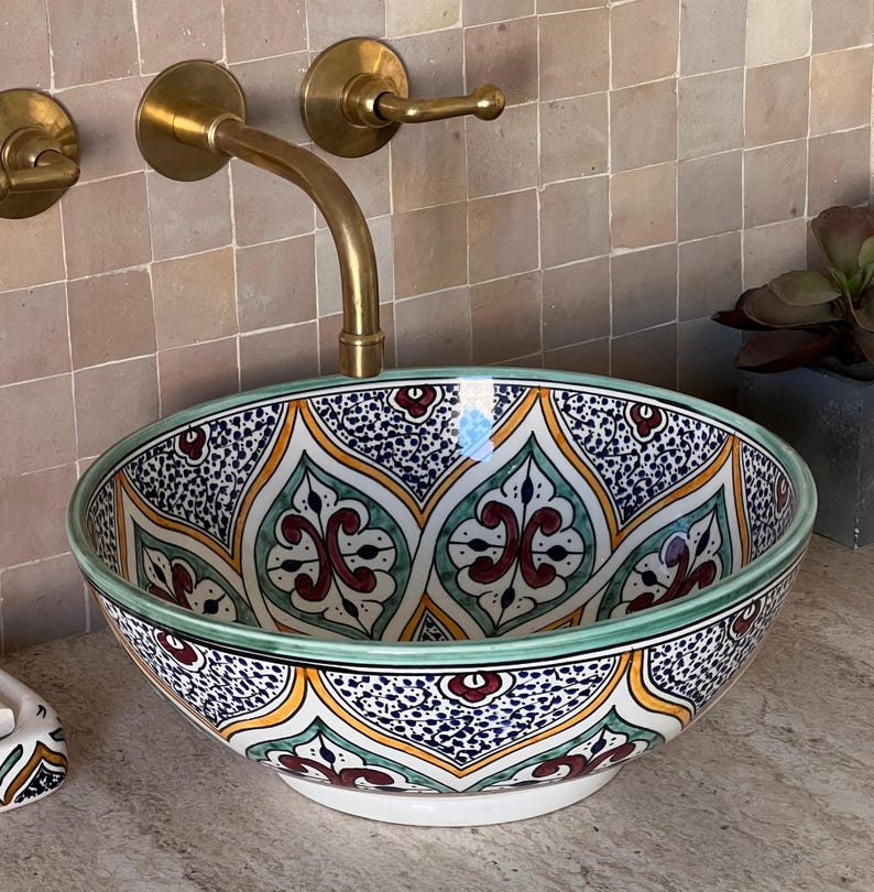 Moroccan Handmade Ceramic Basin, Bathroom Vessel Sink, Ceramic Basin, Antique Sink, Sink Bowl, Hand Painted Ceramic Vessel Sink, Hand Wash Basin, Free Gift INCLUDED