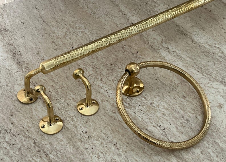 Handemade brass bathroom accessories hammered, brass towel hook, towel ring, towel bar, towel rod, towel rack, wall hooks, bathroom set, 3 piece set.