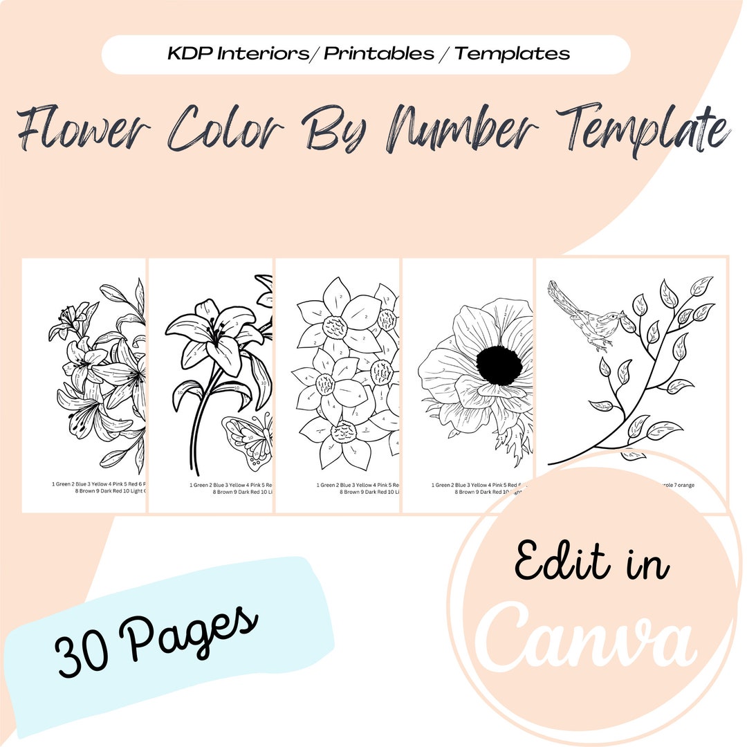 Flower Color by Number Coloring Book KDP Template, KDP Interiors, KDP