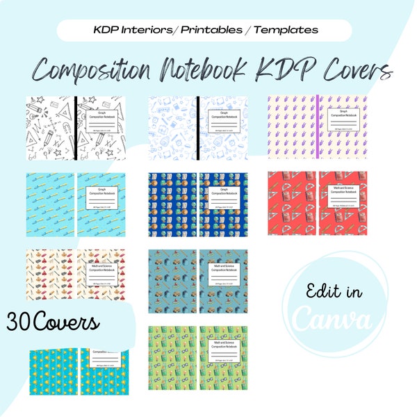 30 Editable Composition Notebook KDP Covers, KDP Template, KDP Interiors, Graph Interior, Wide Ruled Lined Interior, kdp Low Content Book