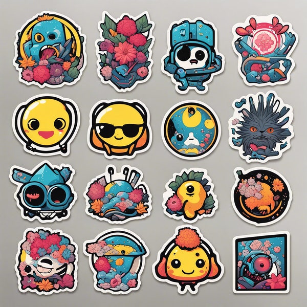 DIGITAL FILE : Unique Sticker Style Graphic Tee, Fun Cartoon Characters, Colorful T-Shirt Design, Unisex Fashion